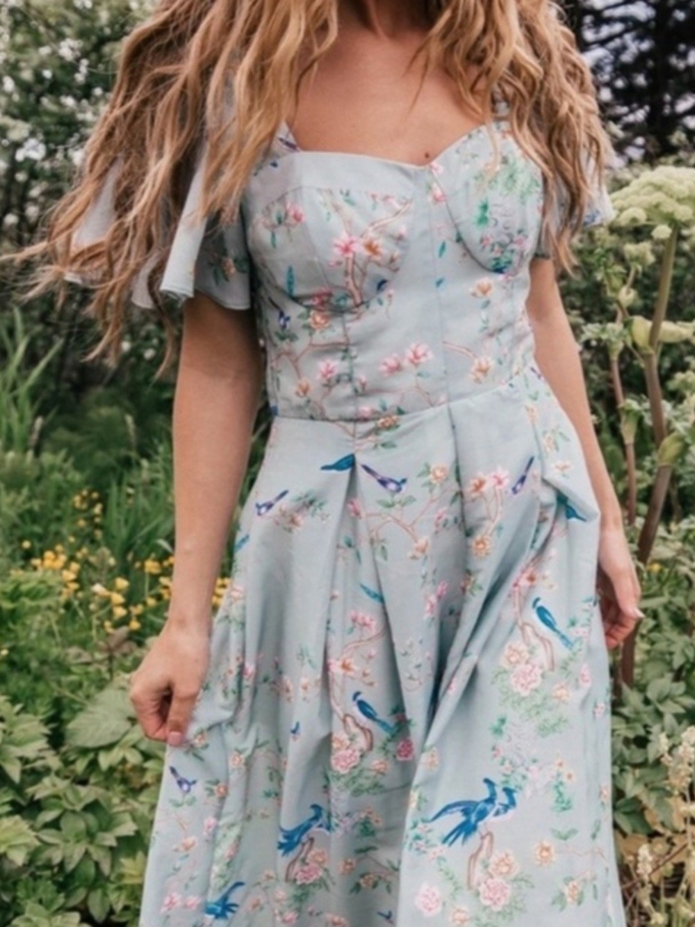 JessaKae You Can Fly 4X Pale Blue Floral & Bird Midi Dress
